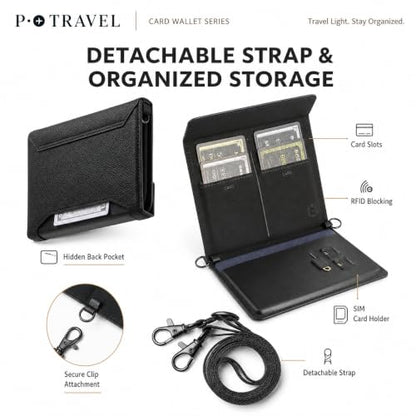 RFID Passport Card Wallet, Slim PU Leather Holder with Strap & 2 SIM Slots - color: black pro