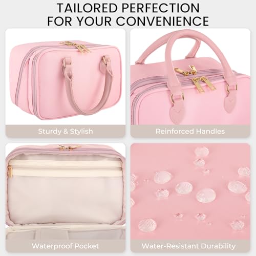 HauteHues Travel Makeup Bag for Women Stand Up Cosmetic Toiletry Case, Pink - color: Pink