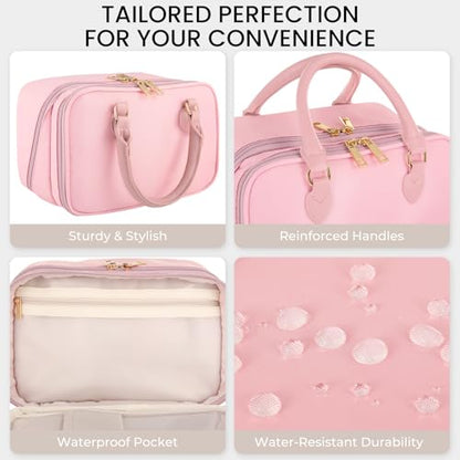 HauteHues Travel Makeup Bag for Women Stand Up Cosmetic Toiletry Case, Pink - color: Pink