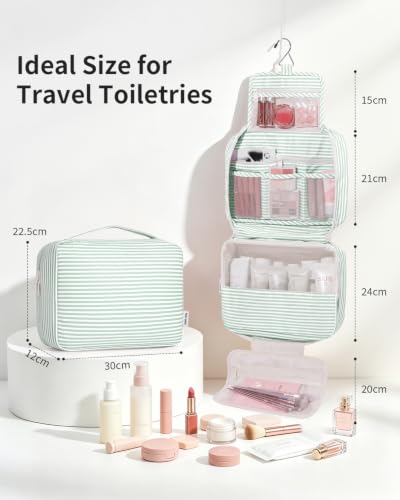 Narwey Hanging Travel Toiletry Bag for Women, Large Makeup Cosmetic Bag - color: B-Mint Green Stripe