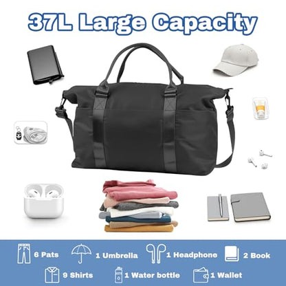 Travel Duffle Bag for Women, Carry On Weekender Tote with Trolley Sleeve - color: Black