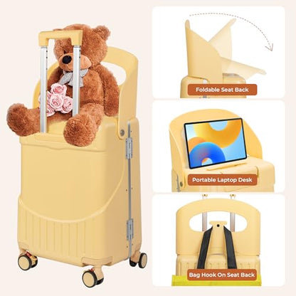 20" Ride-On Luggage with Child Seat, Hardside Carry-On Suitcase with Shockproof 360° Silent Spinner Wheels, TSA Lock, Kids & Adults & Busy Moms - color: Yellow