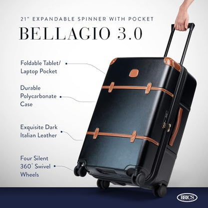 Bric's Bellagio 3.0 Spinner Trunk- Luxury Hardshell Check In Luggage with Large Wheels, Telescopic Handle, Leather Detailing - Expandable Rolling Suitcase - 27", Black - color: Black, size: Checked-medium