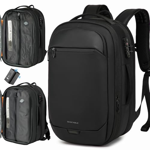 45L Travel Backpack with Vacuum Compression System Fits 16" Laptop | Expandable Carry On Backpack with Pump, Water Resistant, TSA Lock, Vacuum Backpack for Travel & Business - color: Black B