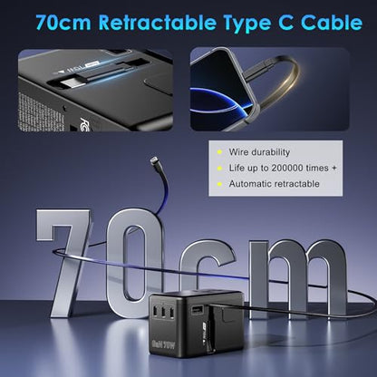 JMFONE 70W GaN Travel Adapter with Built-in USB-C Cable - color: 70W Black-Gray