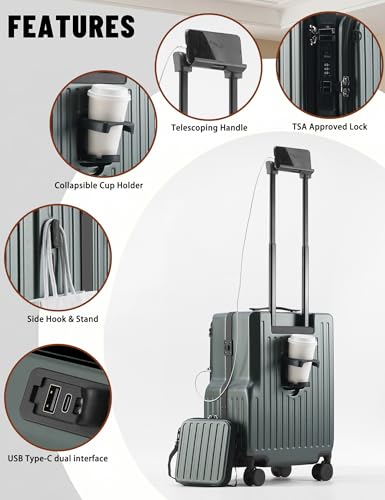 20-Inch Front Opening Carry On Luggage with Detachable Bag, Green - color: Green