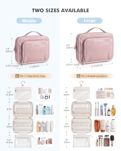 Prite Hanging Toiletry Bag for Women Waterproof Travel Makeup Bag - color: Pink, size: Large