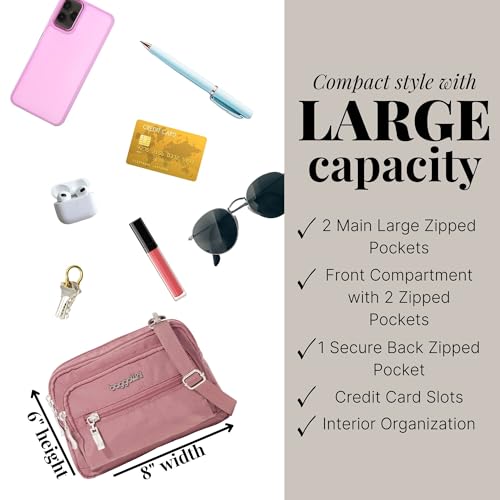 Baggallini Triple Zip Small Crossbody Bag for Women - Lightweight Convertible Fanny Pack Belt Bag - color: Dusty Mauve, style: Slim Strap