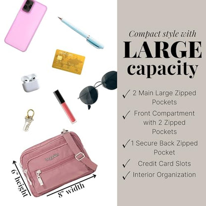 Baggallini Triple Zip Small Crossbody Bag for Women - Lightweight Convertible Fanny Pack Belt Bag - color: Dusty Mauve, style: Slim Strap