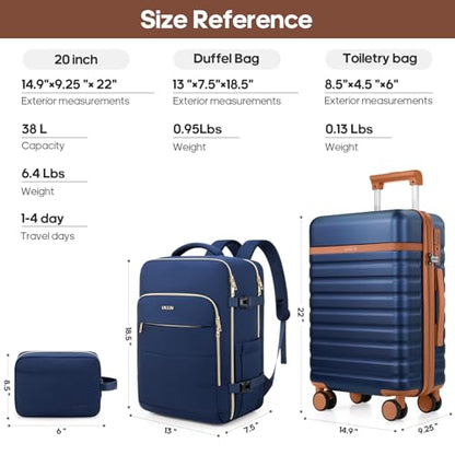 UKEIN Luggage Sets 3Piece, Carry On Luggage 20in Suitcase Set With Backpack - color: Navy Blue, size: 3 piece set (BP/20inch)