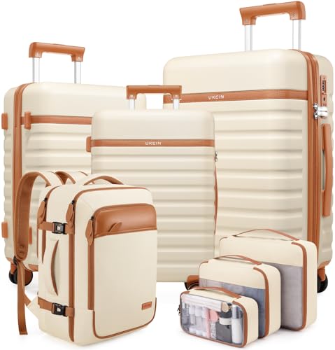 Luggage Sets 7 Piece,Hardside Large Checked Suitcase with Backpack Set - color: Beige, size: 7-Piece Sets