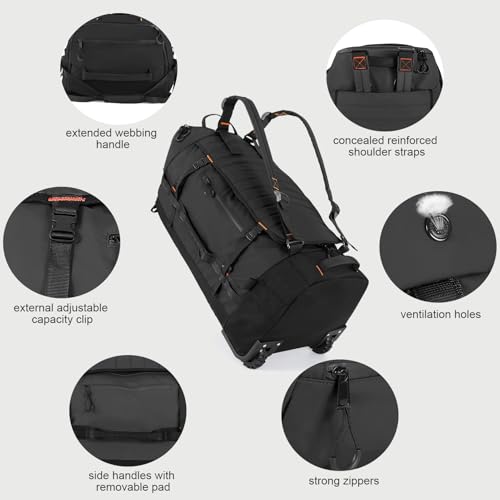 29 Inch Foldable Wheeled Duffle Bag, Waterproof Rolling Travel Bag - color: Black