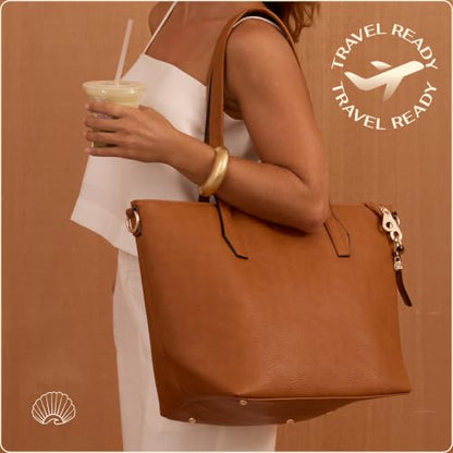 Women’s 16” Laptop Tote Bag, Vegan Leather Work Bag with Cupholder, RFID & Anti-Pickpocket Trolley Sleeve - color: Brown