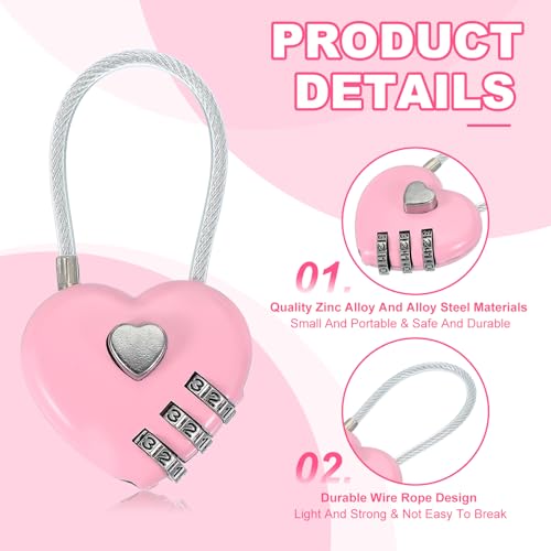 MECCANIXITY Heart Padlock 3 Digit Combination Lock Mini Code Lock Pink 3pcs - color: Pink