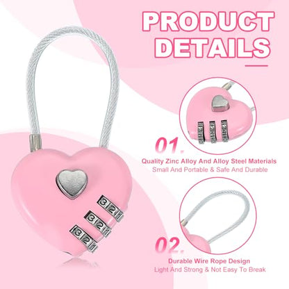 MECCANIXITY Heart Padlock 3 Digit Combination Lock Mini Code Lock Pink 3pcs - color: Pink