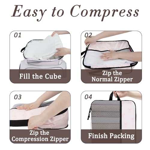 U+U 4 Set Compression Packing Cubes, Travel Organizers (Pink Bow) - color: Pink Bow, size: 4 Set
