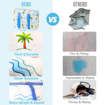 VENO 2 Pack Utility Tote Reusable Grocery Bags with Zipper & Hard Bottom - color: Tropical Island, size: 2 Pack