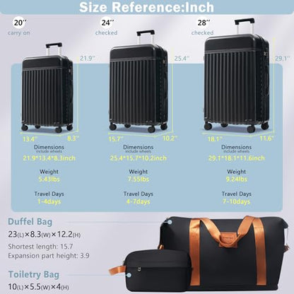 Merax 3 Piece Luggage Sets, Hardside Lightweight Carry on Suitcase - color: Black-1, style: 3 Piece-20+24+28