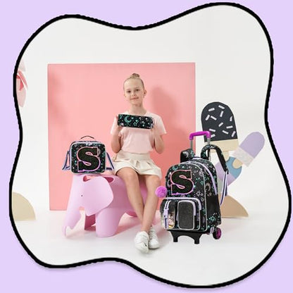 HTgroce Cute Rolling Backpack with Wheel,School Backpack for Kids Girl Roller Schoolbag Wheeled Backpacks Set Carry-on Luggage,Black S - color: Black, style: S