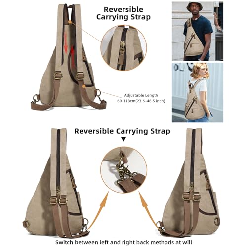KL928 Canvas Sling Bag - Small Crossbody Backpack Shoulder Casual Daypack Rucksack for Men Women(Large Version,Khaki) - color: Canvas-khaki