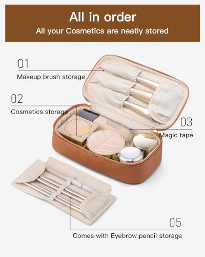 VLANDO Travel Makeup Bag with Separate Brush Storage,Brown - color: 01-Pebbled Brown