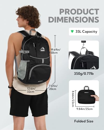 WATERFLY Large Lightweight Packable Hiking Backpack Foldable Travel Daypack - color: A-black, size: 35L