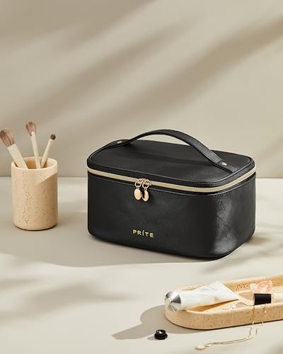 Prite Makeup Bag Travel Cosmetic Case, Women Toiletry Bag Organizer, Black - color: Black