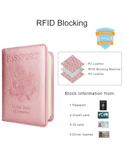 WALNEW Passport Holder for Travel, RFID Blocking Passport Wallet & Cover - color: A-Rosegold