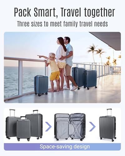 LIGHT FLIGHT 3 Pieces Luggage Sets with Spinner Wheels Hardshell TSA Lock - color: Grey