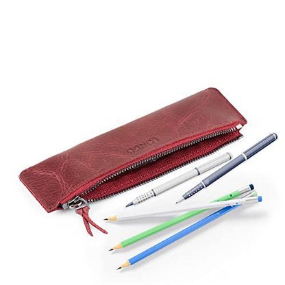 Londo Genuine Leather Pen Case with Zipper Closure, Pencil Pouch Stationery Bag - color: Maroon