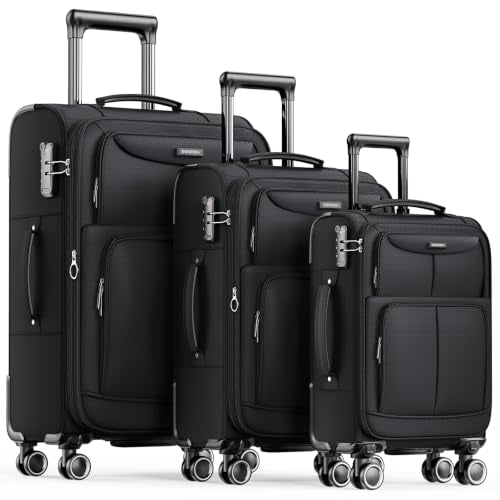 SHOWKOO Luggage Sets 3 Piece Softside Expandable Durable Suitcase Sets | Durable Oxford Fabric, Lightweight, 360°Double Spinner Wheels, TSA Lock, YKK Zippers, Black (20in/24in/28in) - color: Black