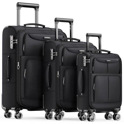 SHOWKOO Luggage Sets 3 Piece Softside Expandable Durable Suitcase Sets | Durable Oxford Fabric, Lightweight, 360°Double Spinner Wheels, TSA Lock, YKK Zippers, Black (20in/24in/28in) - color: Black