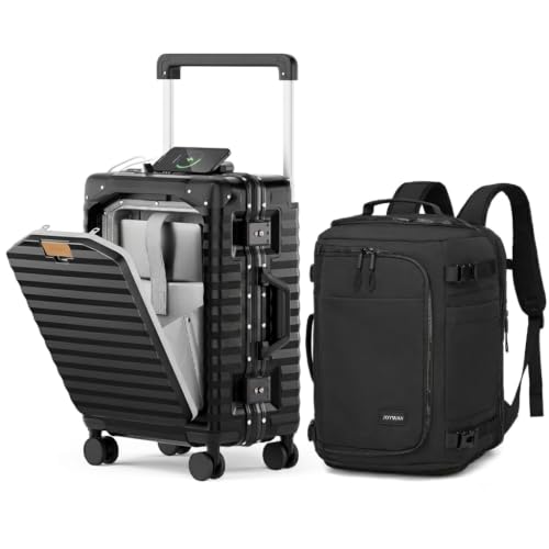 Joyway 2 Piece Carry On Luggage Set with Backpack, Black - color: Black, size: Carry-on-20inch Aluminium with Backpack