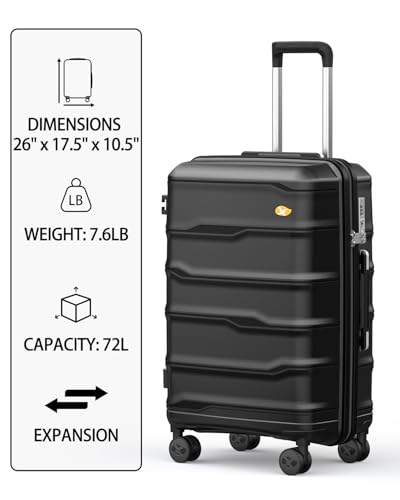24 Inch Medium Checked Luggage, PC Hardshell Suitcase, Black | Lightweight Hardside Shell, TSA Lock, Double 360° Spinner Wheels - color: 0-Black, size: Checked-Medium 24-Inch