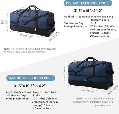 Rolling Duffle Bag with Wheels,110L/140L Expandable Soft-Sided Foldable Duffle Bag with 2 Rubber Wheels,Packable 32” Rolling Carry-On with Pockets & Compartments (Dark blue) - color: Dark blue
