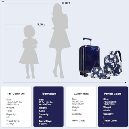 Somago 4 Piece Kid's Luggage with Backpack Set for Boys Girls Spinner 18" Hardside PC Rolling Carry on Suitcase with TSA Lock (Seashell Navy) - color: Seashell Navy, size: 4-Piece Set(BP/18inch)