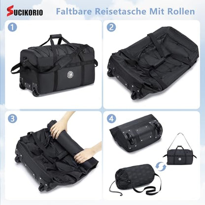 Foldable Travel Duffle Bag with Wheels and Handle Large 100L XL Rolling Travelling Duffel Bags Waterproof Oxford Carry On Hand Luggage Deployment Bag With Storage Bag & Combination Padlock - color: Black