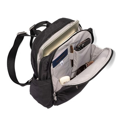 Securtex Anti-Theft Getaway Backpack - 9.4"x13"x5" Travel Safe Bag w/Locking Zippers, Slash-Resistant, RFID - color: Midnight Blossom Print