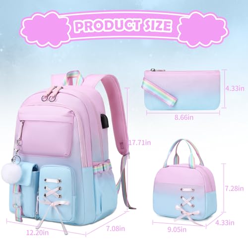ACESAK 3PCS Teen Girls Backpack with Lunch Bag Set&USB Charging Port - color: Pink-to-blue Gradient