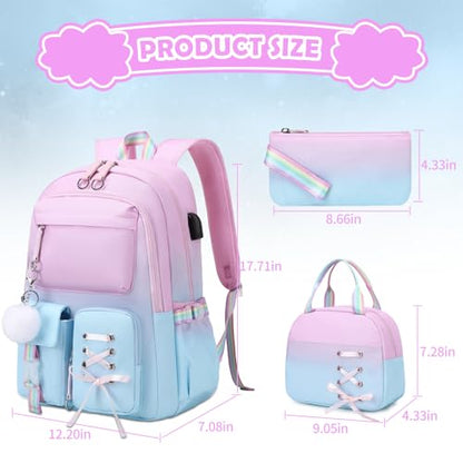 ACESAK 3PCS Teen Girls Backpack with Lunch Bag Set&USB Charging Port - color: Pink-to-blue Gradient