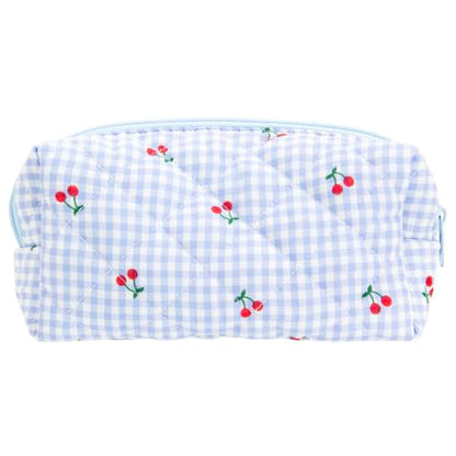 PAZIMIIK Small Quilted Makeup Bag,Zipper Cosmetic Pouch,Gingham Blue Cherry - color: Gingham Blue Cherry