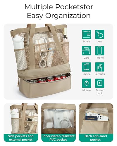 BAGSMART Beach Bag for Women, Large Beach Bag Swim Pool Bag - color: Beige