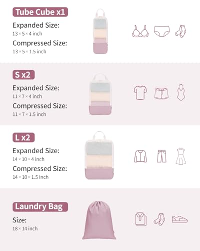Narwey Compression Packing Cubes for Travel, Cute Luggage Organizer Bags - color: Dusty Rose