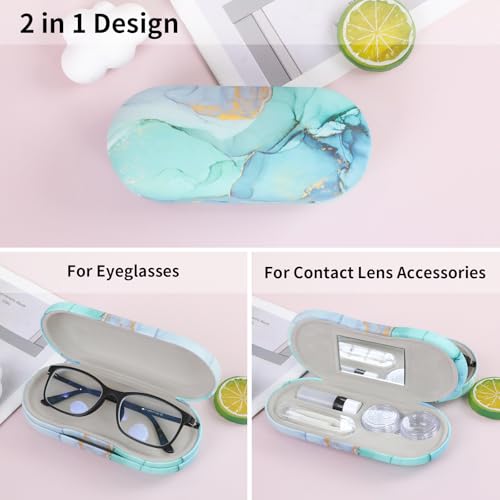2 in 1 Contact Lens Case and Eyeglasses Case for Women Men Kids, Double Sided Hard Shell Portable Glasses Travel Holder with Built-in Mirror, Contact Lens Box (Green Marble) - color: Green Marble