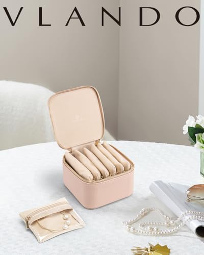 VLANDO Jewelry Boxes for Women with 6 Clear Velvet Zipper Pouches,Khaki - color: B.6 PCS Khaki