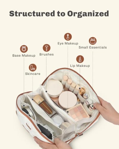 Hynes Eagle Travel Makeup Bag for Women Puffy Cosmetic Organizer Pouch Open Flat Toiletry Bag for Toiletries Brushes Structured Base White - color: White