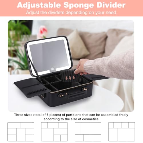 Mocado Travel Makeup Bag with Mirror Makeup Case with Brushes Dividers - color: Black with Hard Leather