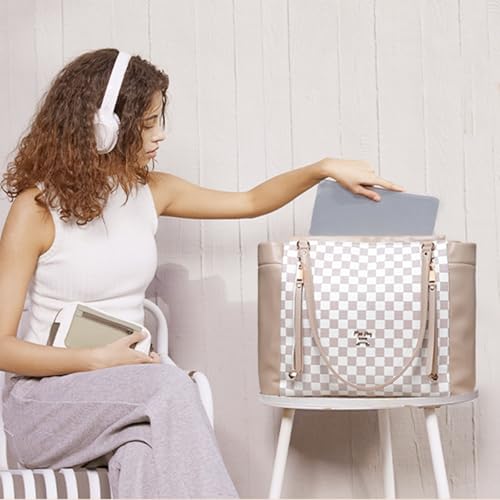 miss fong Checkered Diaper Bag Tote Leather Diaper Bag Backpack, Large Capacity Mommy Bag Hospital Bag, 12 Pockets Travel Diaper Tote with Changing Pad for Mom Plaid Tote Bag for Women-Beige&Honey - color: Beige&honey