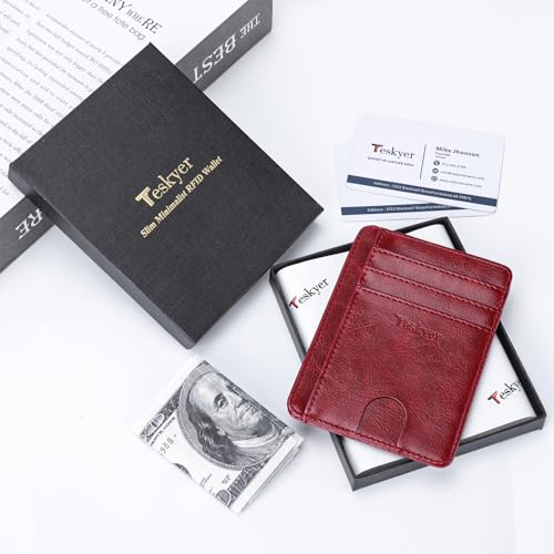 Teskyer Slim Minimalist Wallet for Men, RFID Front Pocket Card Holder - color: Wine Red