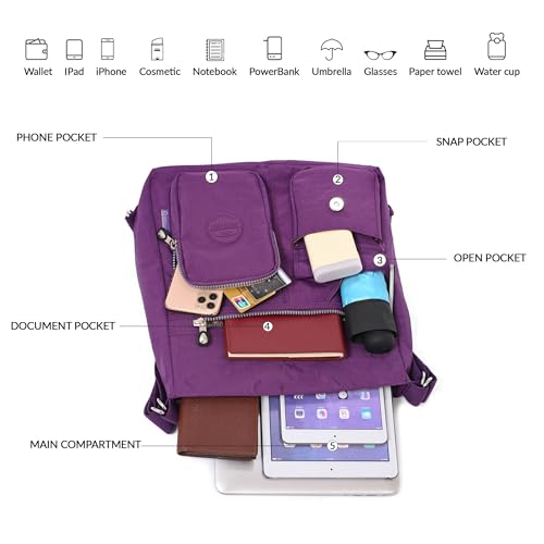 Hobo Purse for Women, Nylon Crossbody Shoulder Handbag Convertible Backpack - color: Purple